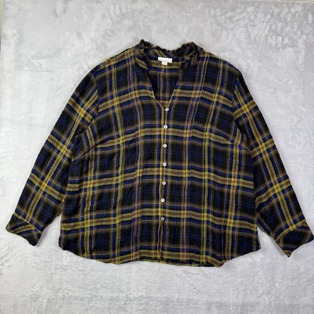 J Jill Long Sleeve Plit Neck Blouse XL Petite Plaid Pintuck Collared Granola